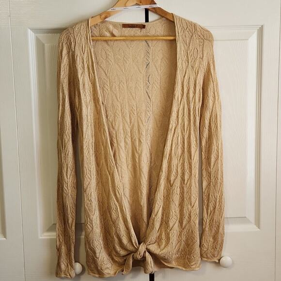Belldini Women's Tan Gold Thread Cardigan Size SM Lightweight Tie Waist Neutral - Picture 1 of 11